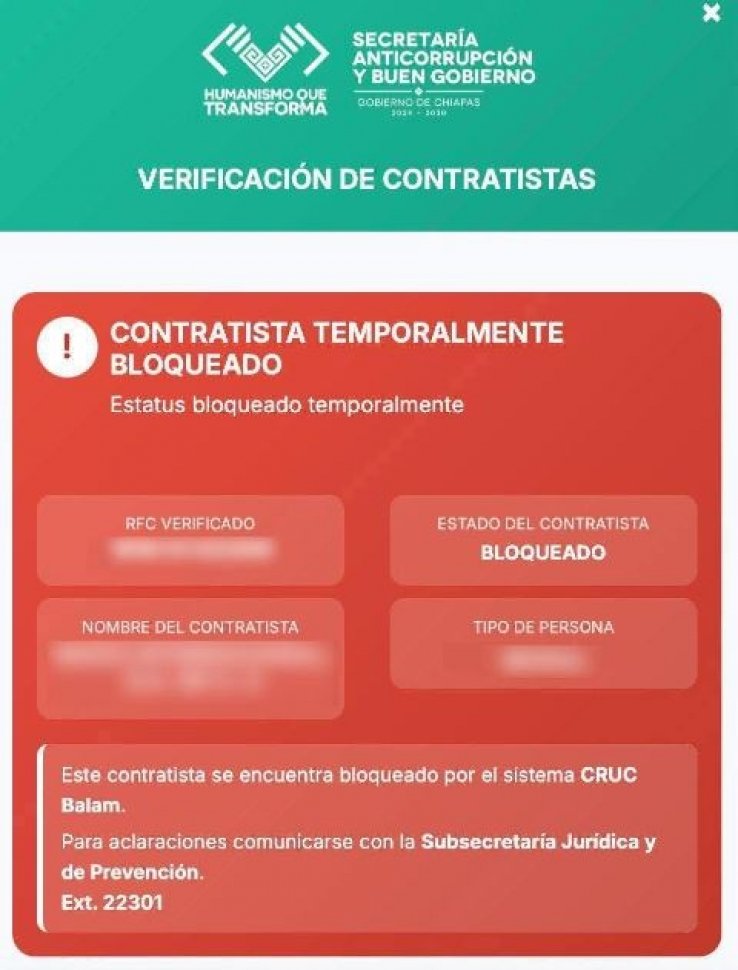 Secretar&iacute;a Anticorrupci&oacute;n suspende empresas contratistas y refuerza la vigilancia en Chiapas